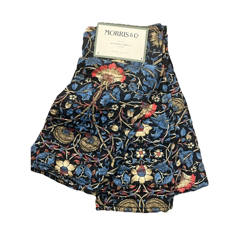 William Morris & Co. Set of 3 Kitchen Towels 100% Cotton Gauze Blue Lodden New